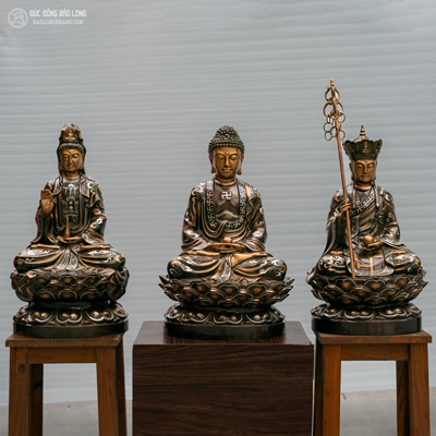 Tượng Sa Bà Tam Thánh Bằng Đồng Khảm Tam Khí Cao 48Cm