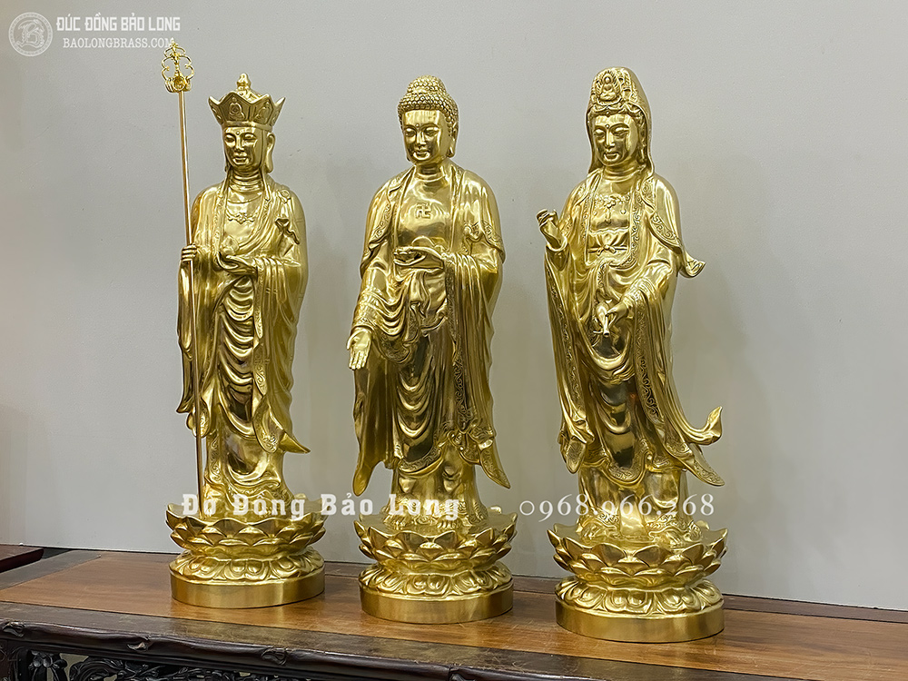 Tượng Tam Thánh Sa Bà Đứng bằng đồng vàng catut cao 61cm