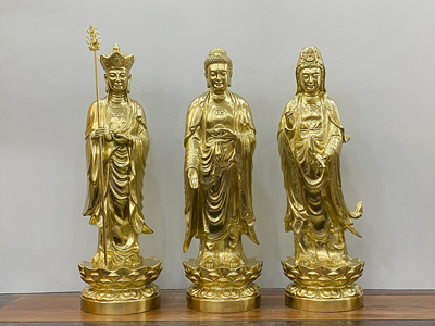 Bộ Tượng Tam Thánh Sa Bà Đứng Bệ Sen Bằng Đồng Catut Cao 61Cm