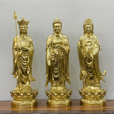 Bộ Tượng Tam Thánh Sa Bà Đứng Bệ Sen Bằng Đồng Vàng Katut Cao 61Cm