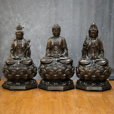 Bộ Tượng Tây Phương Tam Thánh Đúc Chuẩn Đồng Đỏ Cao 69cm Màu Cổ Cực Đẹp
