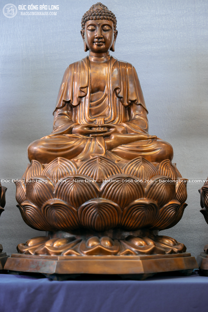 tượng tam thánh tây phương ngồi bệ sen bằng đồng đỏ cao 81cm