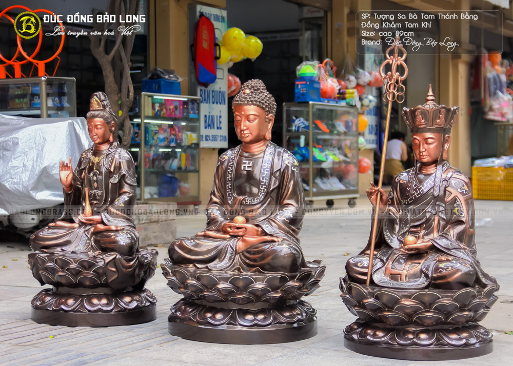 Tượng Sa Bà Tam Thánh Bằng Đồng Khảm Tam Khí 89cm 4 tượng Sa Bà Tam Thánh bằng đồng khảm tam khí cao 89cm