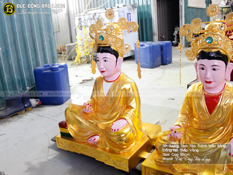 Bộ Tượng Tam Toà Thánh Mẫu Bằng Đồng 55cm Sơn Son Thếp Vàng 9999