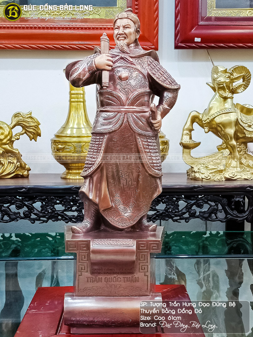 tượng trần hưng đạo đứng trên bệ thuyền đồng đỏ cao 61cm