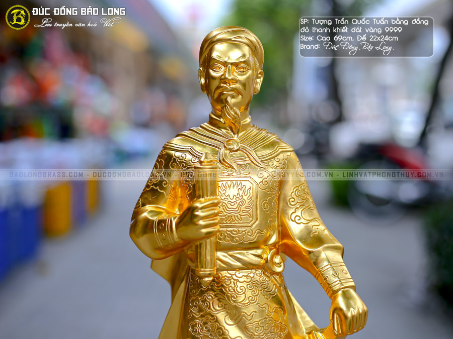tượng trần hưng đạo bằng đồng đỏ dát vàng 9999 cao 70cm