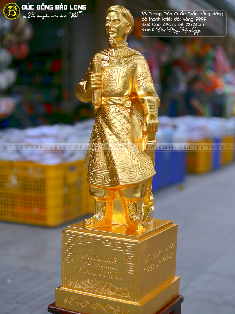 tượng trần hưng đạo bằng đồng đỏ dát vàng 9999 cao 70cm