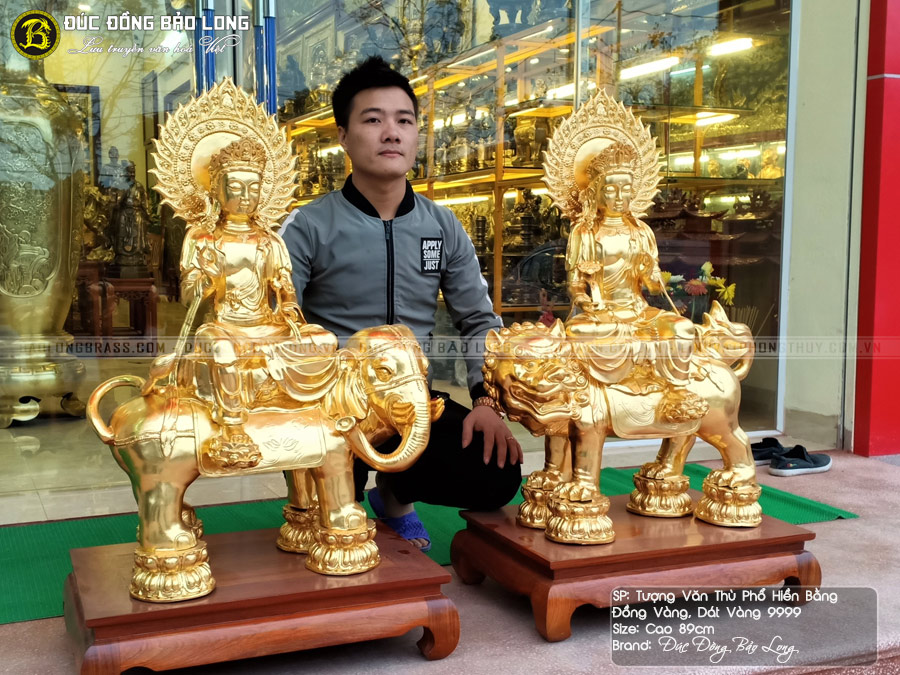 Tượng Văn Thù Phổ Hiền Bằng Đồng Vàng Cao 89cm Dát Vàng 9999