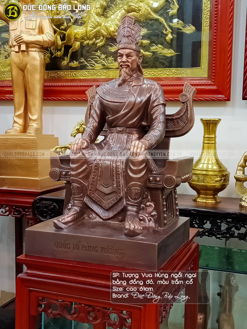 tượng vua hùng bằng đồng đỏ cao 61cm màu trầm cổ